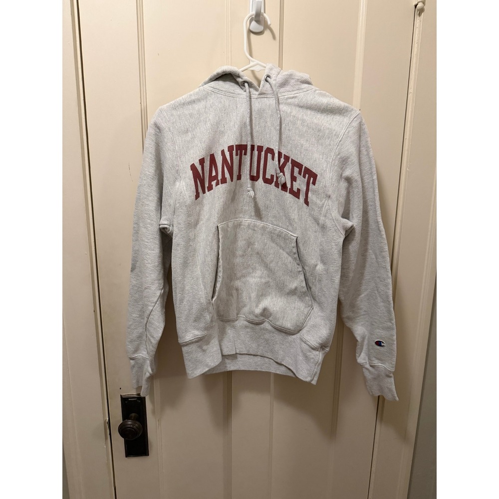 Champion Reverse Weave Nantucket Hoodie Heather Gray Burgundy Graphic Sweatshirt
